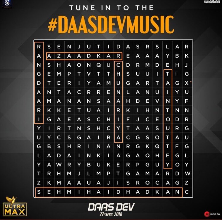 MullaFardeen's tweet photo. @daasdevthefilm @kingfisherworld @IAmSudhirMishra @RaOwlBhat @RichaChadha @aditiraohydari @saurabhshukla_s @sharmamatvipin Find all track of film.
Got all the 5 songs.. 

1) Rangdaari
2) Azaad kar
3) Tain to uttey
4) Chunariya
5) Sehmi hai dhadkan
See all in screenshot... 

 @RahulSh34501287 
  @myselfadilkhan 
     @vishalmalavya 

#UltraMaxRapidFire https://t.co/cGAnpPwOpp