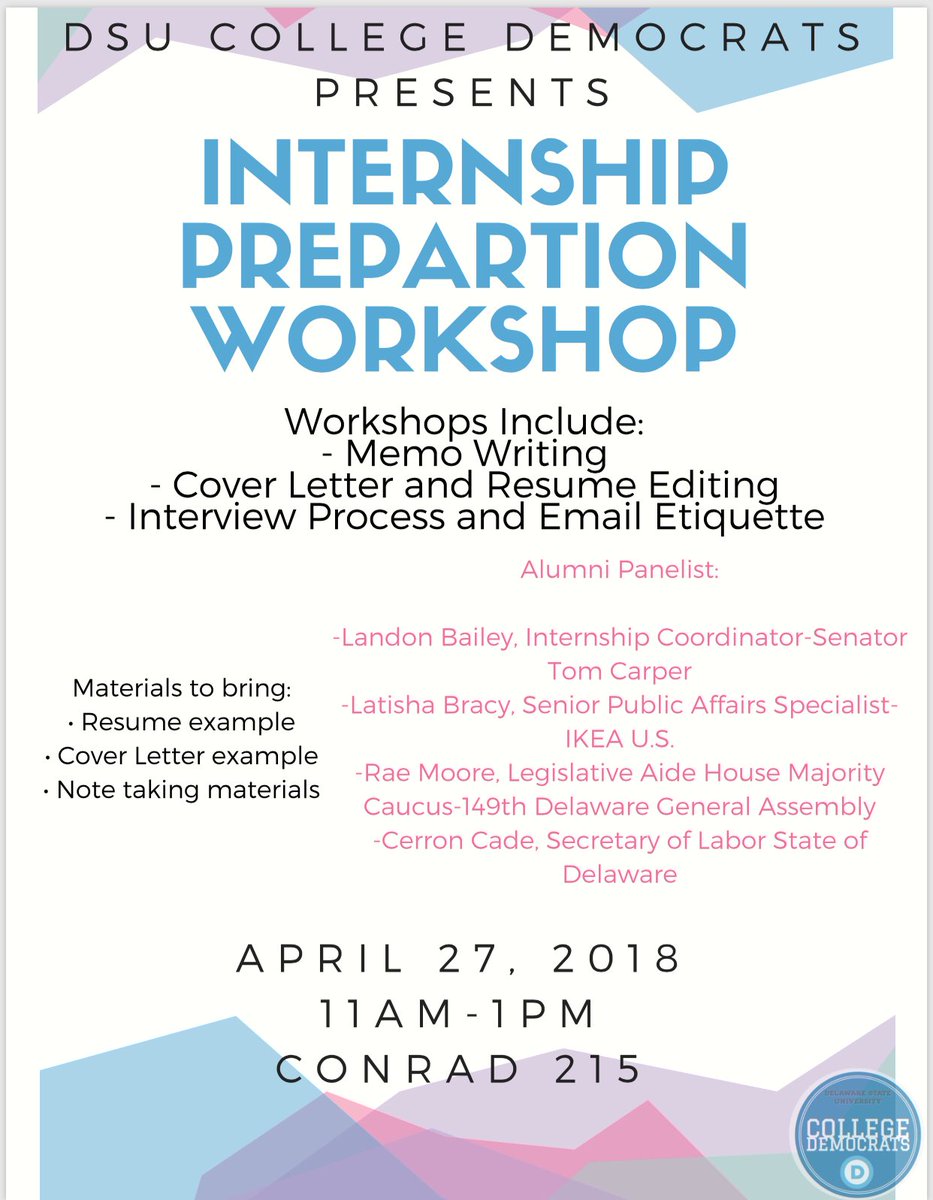 Come out to our Internship Preparation Workshop on April 27, 2018 from 11:00 a.m. to 1:00 p.m. in Conrad 215 (above the cafe). Be sure to bring a copy of your resume, a cover letter, and note taking materials. Our esteemed panelist are all DSU alumni! There will be food served!