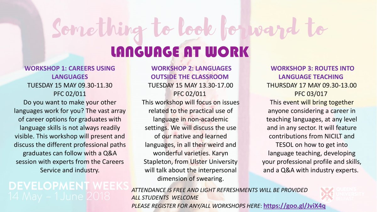 JaneLugea's tweet image. Organising a few great #Languageatwork events with colleagues from @ModLangs_QUB and @NICILT for QUB&apos;s Development Weeks #AReasonToStay @QUBEngSoc @EnglishAtQUB @QUBCareers #LoveQUB @AnnaTristram