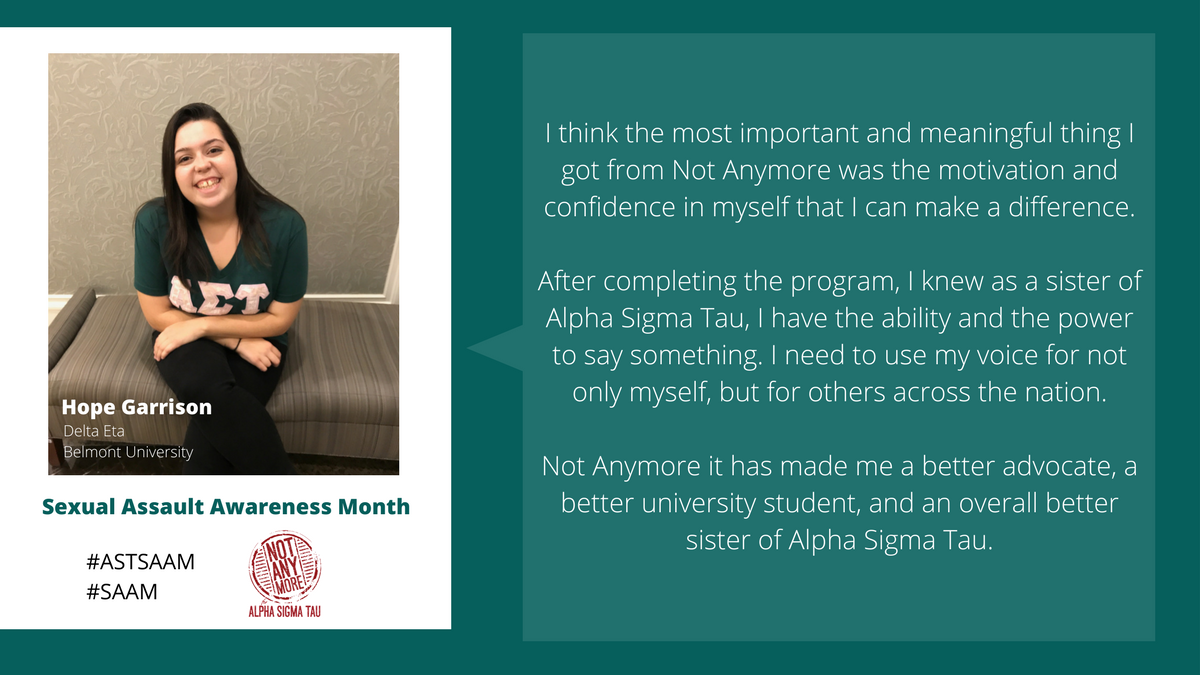 alphasigmatau's tweet photo. It's Day 2 of #ASTSAAM Week of Action!
Today's Action Item: Log into & begin Not Anymore, our engaging online program (available to all AΣTs!) designed to educate members on consent, sexual assault, bystander intervention & healthy relationships. #SAAM
https://t.co/8NOI7FSX2K https://t.co/RkCpQAdF0K