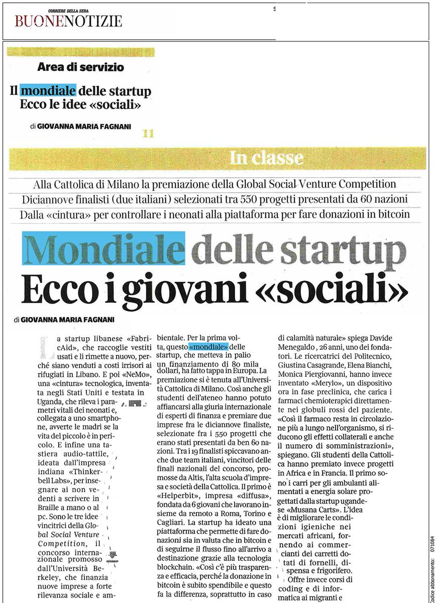 Unicatt's tweet image. The winners of the Global Social Venture Competition, World Championship of social #startups, on @CorriereBN. Thanks to @ALTIS_Unicatt, for the first time the global finals will be hosted in Italy #GSVC2018