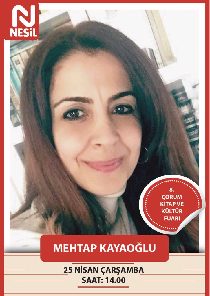 Psikolojik Danışman <a href="/mehtapkayaoglu/">Mehtap Kayaoğlu</a> 25 Nisan Çarşamba 14.00’de Çorum Kitap Fuarında kitaplarını imzalayacak. <a href="/nesilyayinlari/">Nesil Yayın Grubu</a> #çorum #çorumkitapfuarı