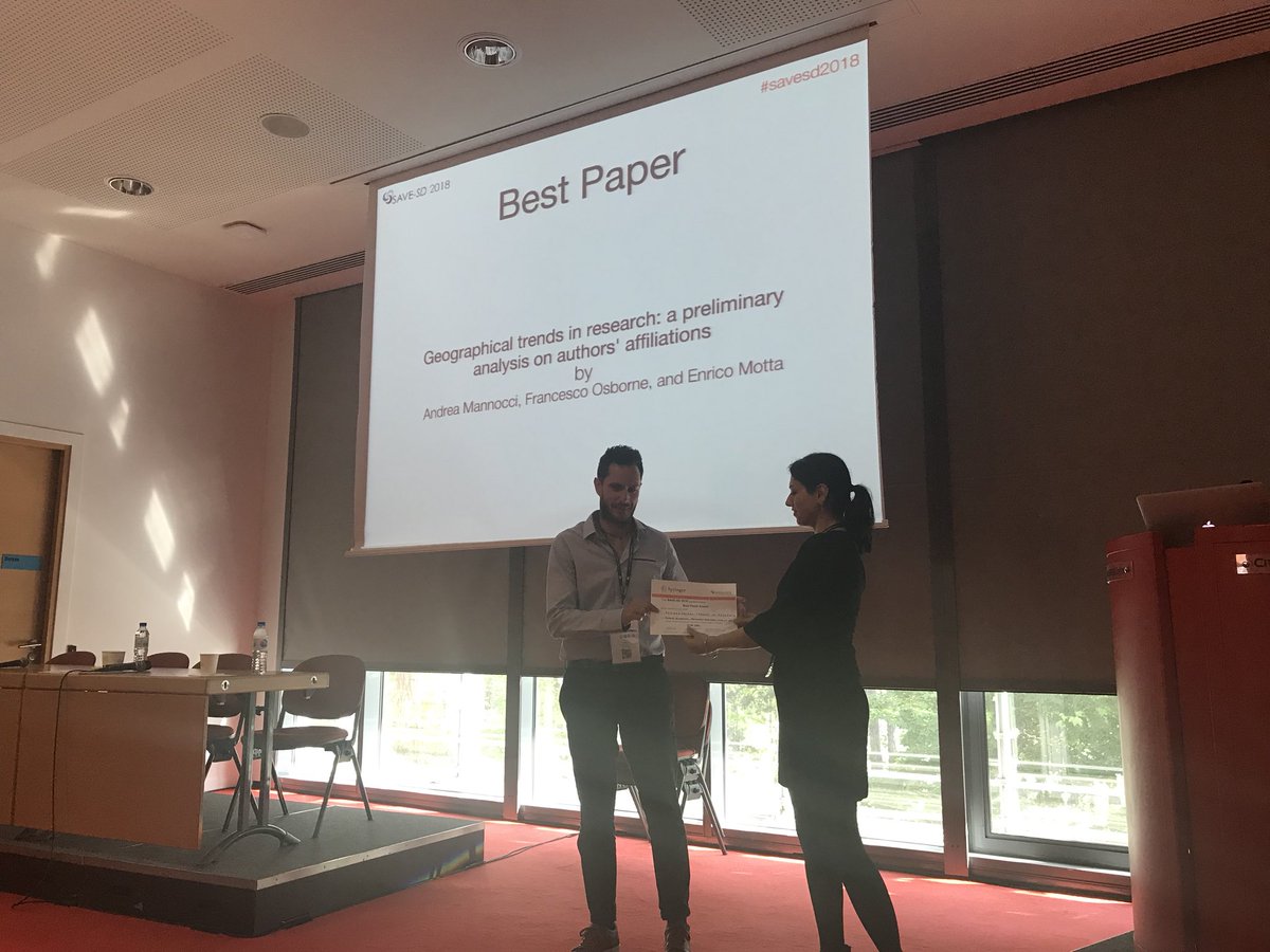 savesdworkshop's tweet photo. The best paper awards goes to Andrea Mannocci, Francesco Osborne and Enrico Motta “Geographical trends in research: a preliminary analysis on authors' affiliations” #savesd2018 #TheWebConf https://t.co/CQgX6BJuu5