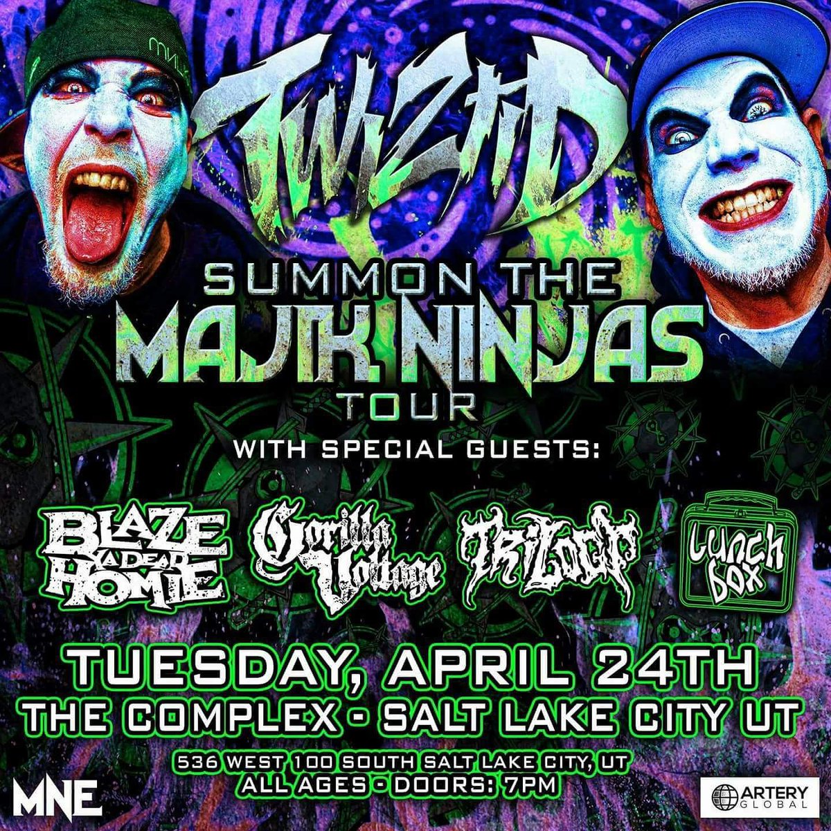 UTmnestreetteam's tweet photo. come see that W.I.C.K.E.D Show TONIGHT @complexslc TWIZTID @tweetmesohard themselves will be there with @blazeyadead1
@gorillavoltage @trilogy2222 @purplehash @majikninjaent
#twiztid  #blazeyadeadhomie #blazeyadead1 #gorillavoltage #topshelflunchbox #trilogy
#MajikNinjaEnt https://t.co/Sj1ZNUHGJr