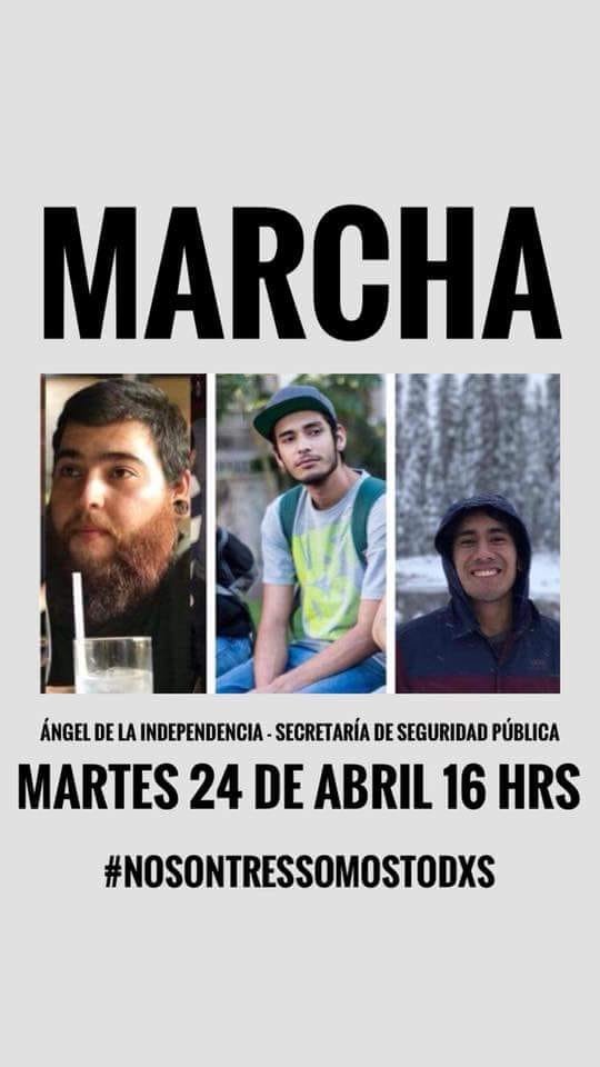 Hoy marchamos para exigir justicia por nuestros compañeros Javier, Marco y Daniel y por todxs lxs víctimas de un país que mata a sus jóvenes. Nos vemos a las 3:30 en la Bolsa de Valores #NoSomosTresSomosTodxs