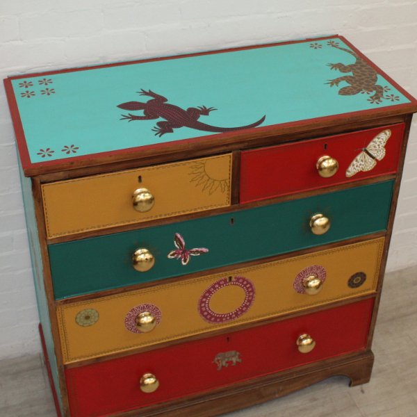 RecoverTeam's tweet photo. Unwanted mahogany chest of drawers from early 1800's now salvaged &amp; BOHO style - all with @FusionPaint @FusionPaintUK #fortred #azure #mustard #renfrew gold leaf &amp; decoupage @UpcycledHour @vinteriorUK @Preloved https://t.co/6HYCwiuLKM
