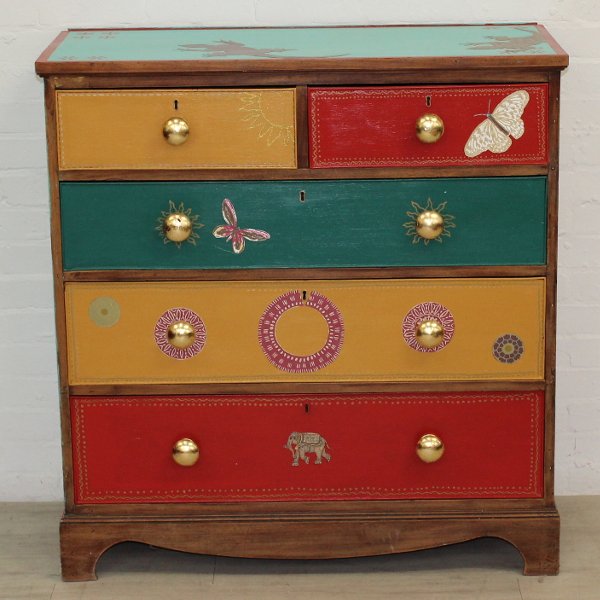 RecoverTeam's tweet photo. Unwanted mahogany chest of drawers from early 1800's now salvaged &amp; BOHO style - all with @FusionPaint @FusionPaintUK #fortred #azure #mustard #renfrew gold leaf &amp; decoupage @UpcycledHour @vinteriorUK @Preloved https://t.co/6HYCwiuLKM