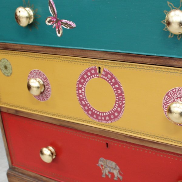 RecoverTeam's tweet photo. Unwanted mahogany chest of drawers from early 1800's now salvaged &amp; BOHO style - all with @FusionPaint @FusionPaintUK #fortred #azure #mustard #renfrew gold leaf &amp; decoupage @UpcycledHour @vinteriorUK @Preloved https://t.co/6HYCwiuLKM