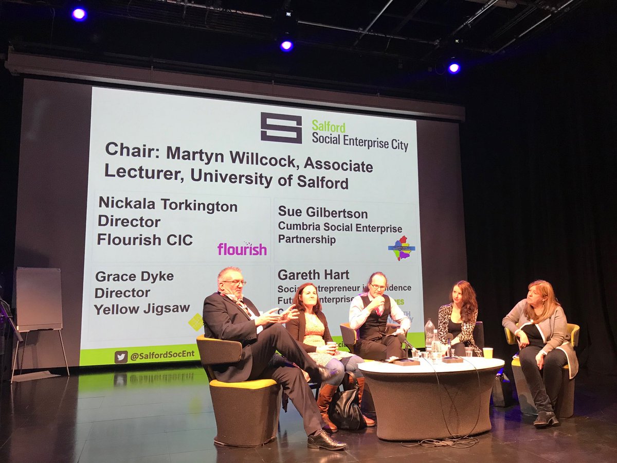 CEOSalfordCVS's tweet photo. Ending today’s fabulous #Salford #SocEntSummit with a plenary conversation with @martynwillcock @Nickala5 @FlourishCIC @grace0103 @yellowjigsaw @iridescentideas @CybermoorAlston https://t.co/LF8ZGLcFmr