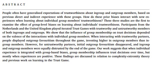 Integrating group membership information with individual experiences when learning whom to trust sciencedirect.com/science/articl…
