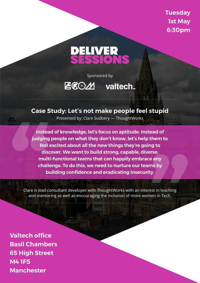 ECOMRecruitment's tweet photo. #DeliverSessions is back on May 1st in #Manchester - Let's Stop Making People Feel Stupid. Are you going? --> https://t.co/w3AFuc6nFb @DeliverSessions @valtech_ @MattThornhillUk @ClareSudbery @hattley_joe #Delivery https://t.co/8nlqm5WWLx