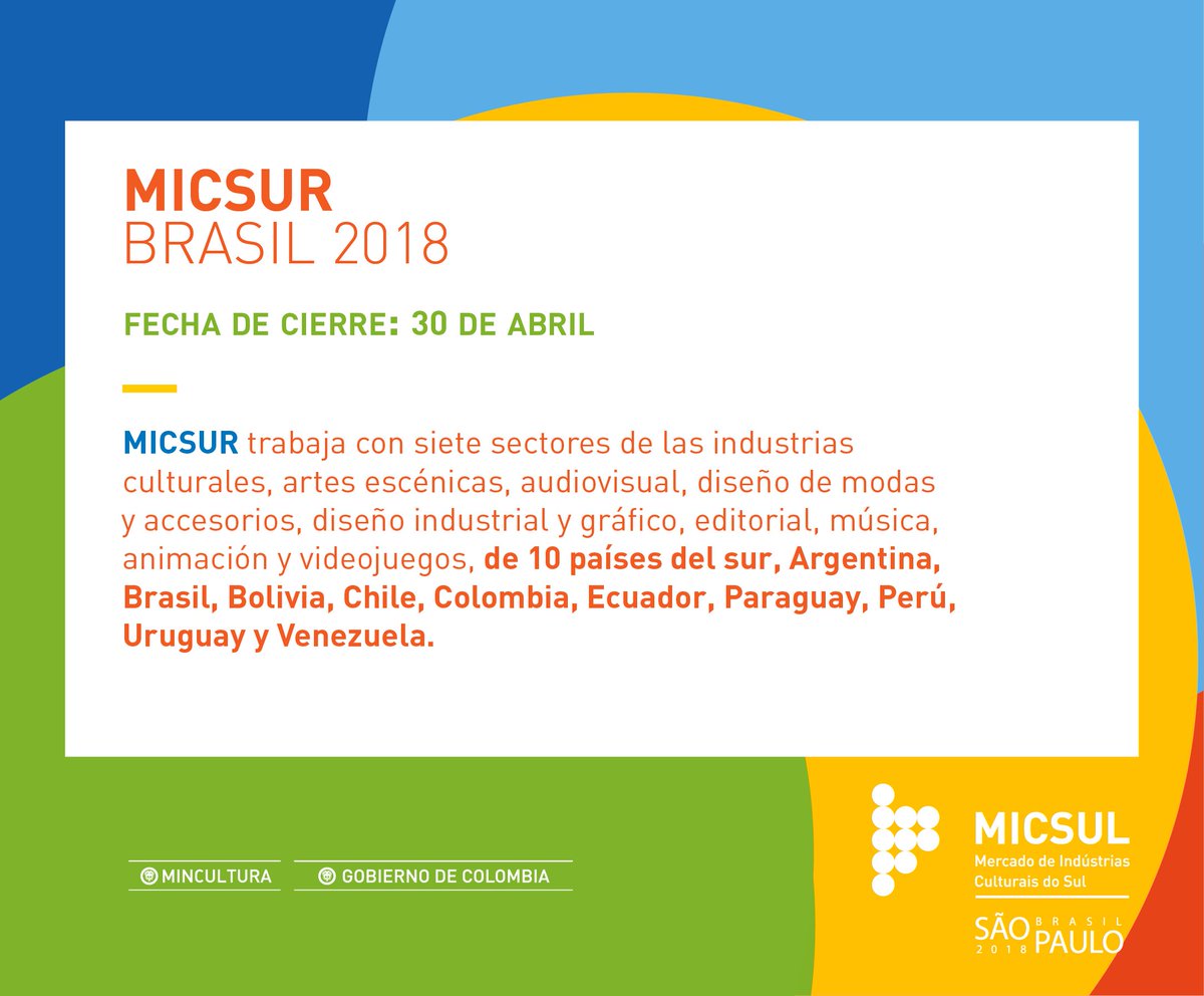 Recuerda que #Micsur #Micsur Brasil 2018, trabaja con siete sectores de la industria cultural y 10 países de América del Sur. Participa en esta gran convocatoria goo.gl/8axPos