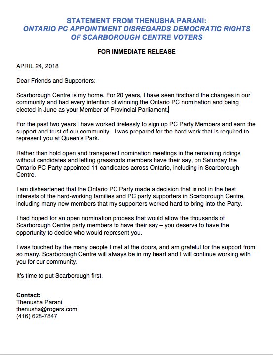 ThenushaParani's tweet image. My statement regarding the Ontario PC Party Nomination Decision for #ScarboroughCentre. #onpoli