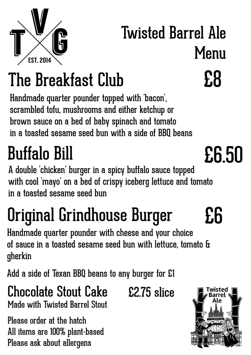 This weekend we return to @TwistBarrelAle at <a href="/FargoVillage/">FarGo Village</a> Saturday 12-6pm and Sunday 2-6pm with this menu...See you there! #Coventry #craftbeer #veganfood #kitchentakeover