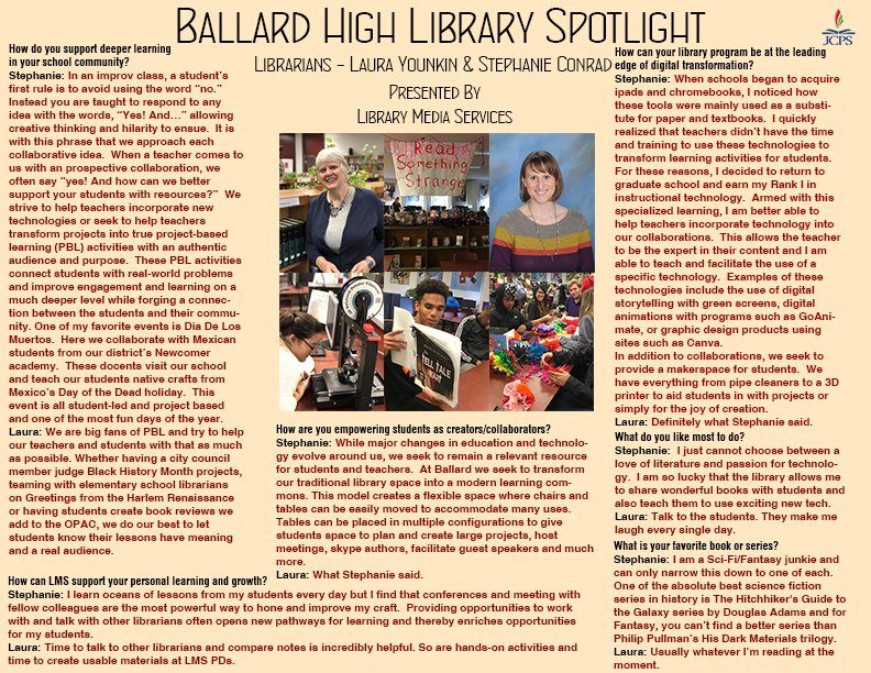 JCPSLMSDrLynn's tweet image. Happy National Library Month Day 12!  See another JCPS Librarian/Library spotlighted!  @FeliciaSmith25 @kids_inspire  @JCPSKY @JCPSSuper @dporterJCPS @JCPS_LMS  @JCPSDL @BruinsLibrary  @BHSBRUINS @lmsjanlan …  @kpcataloger #NationalLibraryWeek  #LibrariesLead