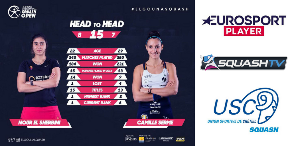 USCreteilSquash's tweet photo. Dans 1 heure suivez en direct live le match de la cristolienne @CamilleSerme face à la numéro 1 mondiale @noursherbini 🇪🇬 en 1/4 de finale à El Gouna
📺 https://t.co/PuJscxWRml
🔢 https://t.co/K7VRWtSNAd (live scoring)
#Squash #elgounasquash #créteil https://t.co/QrYhClwh9e