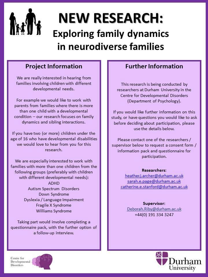 Ongoing recruitment still happening for #neurodiverse family research - any interested parents or caregivers with two or more children with different developmental conditions, we'd love to hear from you! @ResearchAutism