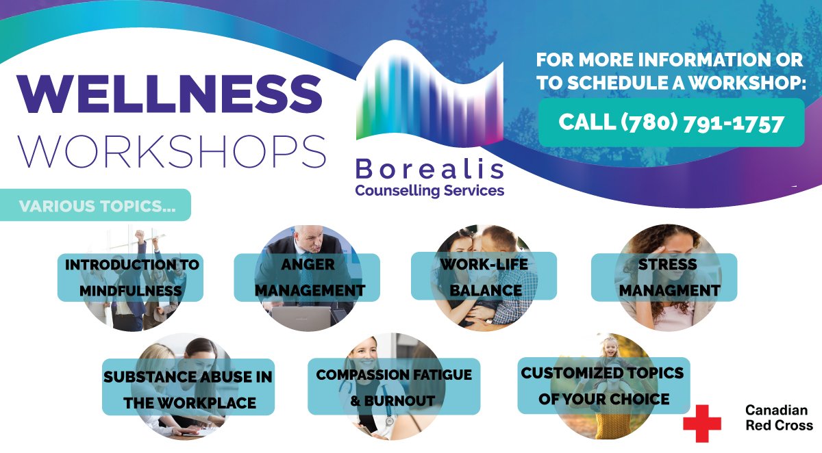BorealisCounsel's tweet photo. Did you know we offer Wellness Workshops tailored to meet the needs of your organization?  Workshops on various wellness topics are available by request to employers/groups of employees, at no charge, for a limited time only, through the generous support of the #RedCross . https://t.co/Trfj5sF3go