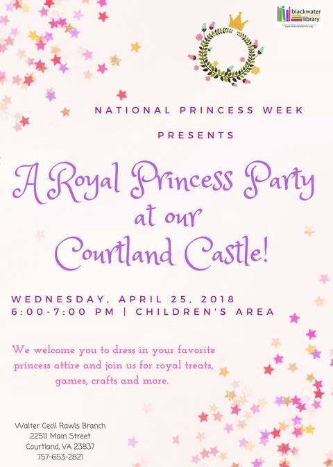 blackwaterlib9's tweet photo. A Royal Princess Party is tomorrow Wednesday at our Courtland Castle.  Registration is appreciated.  Please call the branch at 757-653-2821.  #BRL9 #NationalPrincessWeek https://t.co/Jhr9SyFc9i