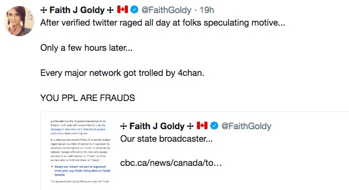 Faith Goldy tweet about the CBC reporting on the Facebook post:

After verified twitter raged all day at folks speculating motive... 

Only a few hours later...

Every major network got trolled by 4chan. 

YOU PPL ARE FRAUDS
