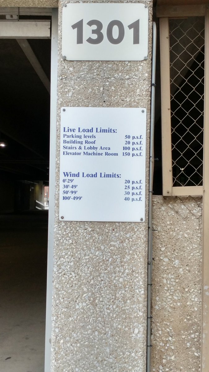 TriciaMClayton's tweet photo. Wind loads and live loads posted on the Fort Worth Convention Center Parking Garage. @ASCE_SEI #structures18 did you have anything to do with this? π https://t.co/MQmk3f4eg8