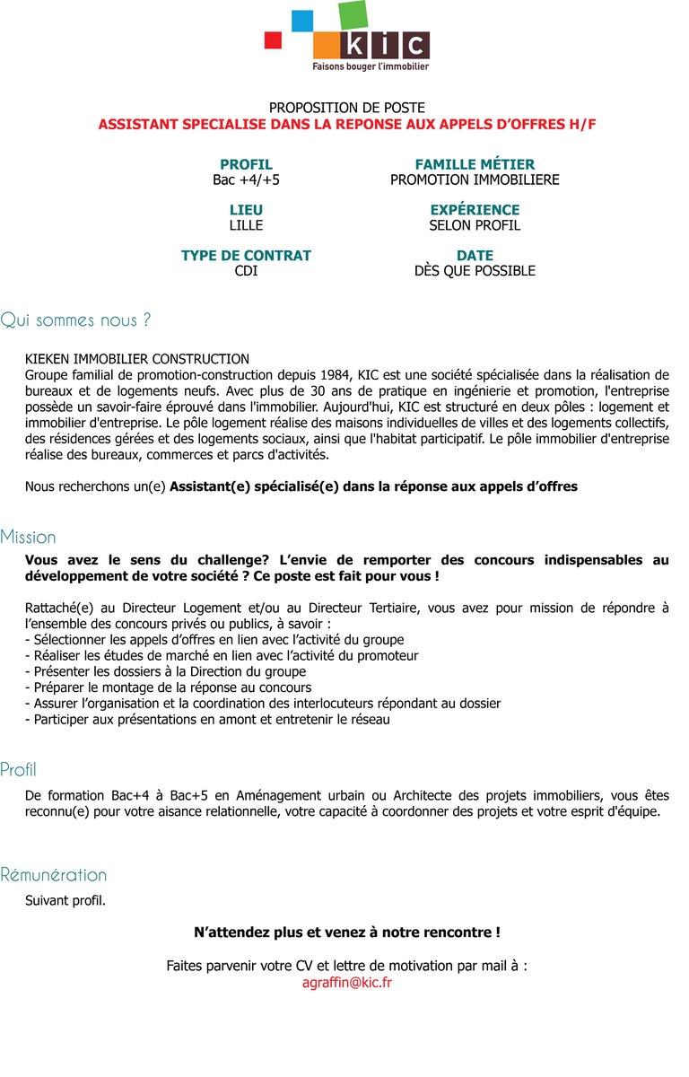 ManonBeaumont8's tweet photo. [RECRUTEMENT] - Assistant(e) spécialisé(e) dans la réponse aux appels d'offres H/F. Poste basé à Lille. à pourvoir dès que possible. Contact : agraffin@kic.fr   #RecrutementLille #CDI #Immobilier #JobLille #Concours #AppelsOffres https://t.co/xUnQukmIQt