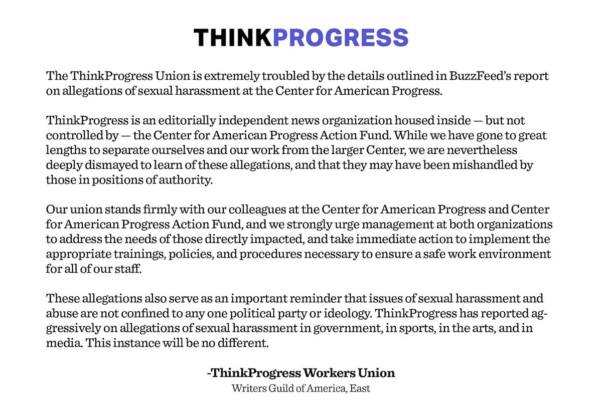 linzsports's tweet photo. A statement from #TPUnion on the BuzzFeed report on sexual harassment at CAP. #solidarity #1u https://t.co/ZKNMlY0Aml