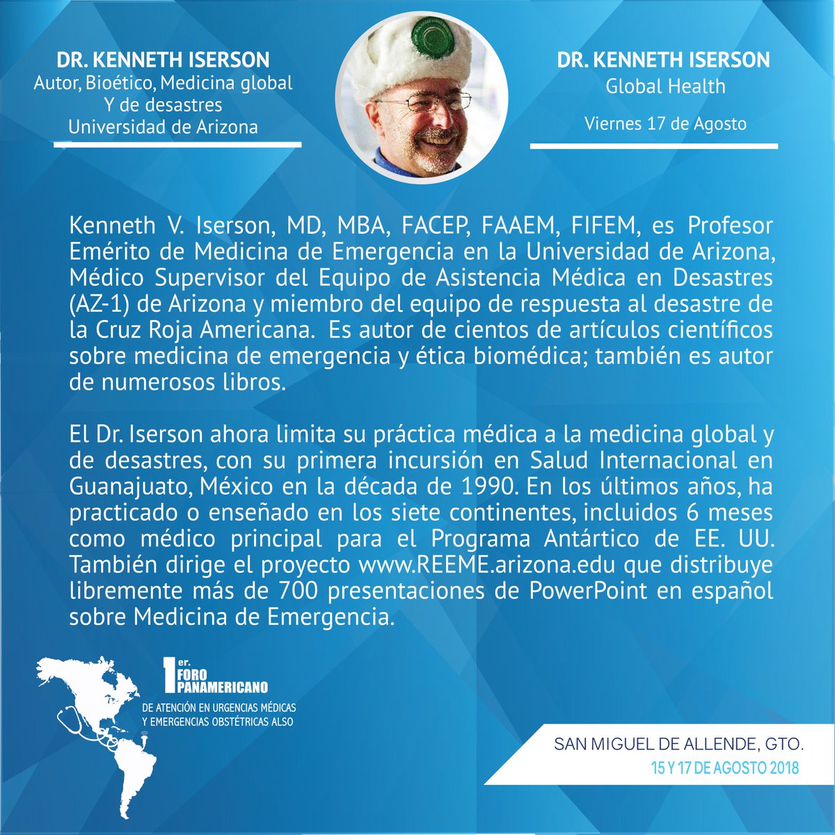Kenneth V. Iserson, MD, MBA, FACEP FAA, FIFEM, Profesor Emérito de Medicina de Emergencia, experto en Asistencia Médica en Desastres y autor de cientos artículos sobre Biomédica entre otros temas. Tienes que estar ahí.
goo.gl/xDbgUB #SomosPACE