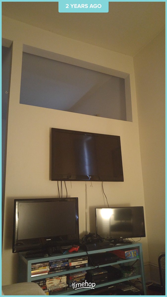 Shryku's tweet image. From a 19”, 24” and a 32” used for both TV and PC gaming to a 55” for TV and two 27” for PC gaming. #gamerupgrade