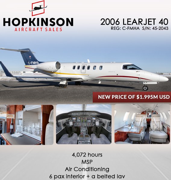 leader_luxury's tweet photo. @HopkinsonACSale presents newly priced 2006 #Learjet40 - View Specs at https://t.co/24xtjMiWa8 and contact them today! #bizjet #bizav #aircraftforsale #privateaviation #privatejet #privateflying #jetforsale #businessaviation https://t.co/1kXA6wlRJe