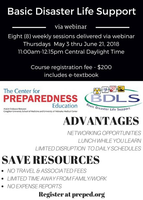 PrepEd's tweet image. If you want to save travel $ and attend @NDLSProgram Basic Disaster Life Support Webinar - join us starting the first Thursday in May.  Register through our website #phprep #preparedness #disaster