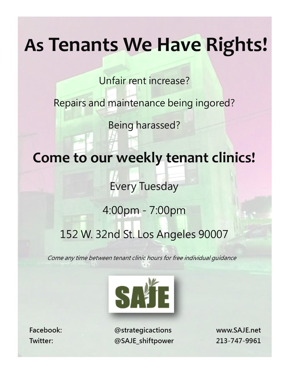SAJE_ShiftPower's tweet image. *** WEEKLY TENANT RIGHTS CLINIC // CLINICA SEMANAL DE DERECHOS DE INQUILINES ***

--&amp;gt; Do you have infestations, mold, eviction notices or landlord/manager harassment? LEARN HOW TO DEFEND YOURSELF AND FIGHT BACK!

#KnowYourRights #FightDisplacement #HealthyHousing4All