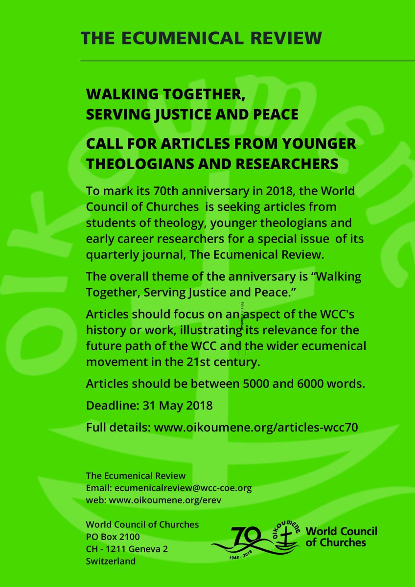 wccEREV's tweet photo. Help us promote #WCC70 call for articles to be published in the Ecumenical Review by putting up this poster at your seminary/ library/ centre! Please send a DM with your address if you'd like us to email you the pdf!
https://t.co/E9OwOzTKFF #WCC https://t.co/hmf5y6fleC
