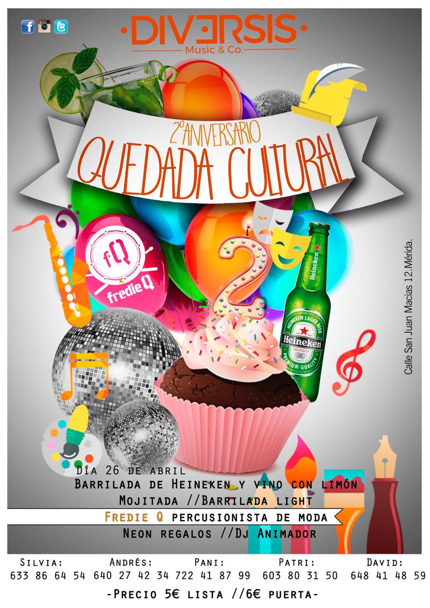 🛑 QUEDADA CULTURAL🛑

Barrilada 2° Aniversario de la Quedada Cultural.

Esta barriada esta llena de sorpresas:
🕺🏻Fredei Q, percusionista de moda
🍹Mojitada
🍻Barrilada Heineken
🍷Barrilada Vino con Limón
🍾Barrilada Ligth
🌀Neon REGALOS
📀DJ animador

Ven y disfruta 🍾🍾