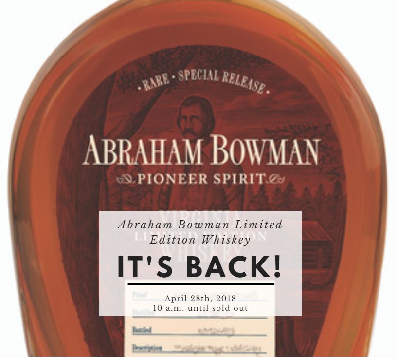 IT'S BACK!! The newest Abraham Bowman Limited Edition Whiskey is set to release on April 28, 2018 at 10 a.m. at A. Smith Bowman Distillery

Release No. 17 is a 16 year old bourbon and is presented at 116 proof in a 750 ml bottle.