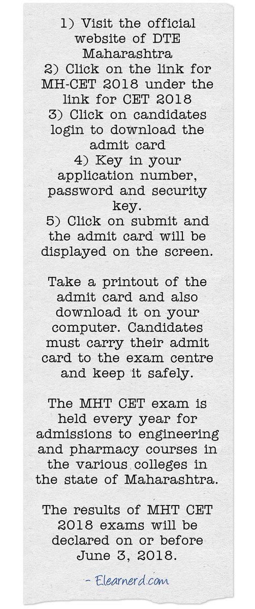 elearnerd's tweet image. DTE Maharashtra released the admit card for the MHT CET 2018 at its official website dtemaharashtra.gov.in. The exam will be on May 10, 2018.#mhtcet #Entrance #MHTCET #Examtime #Admission #open  #Announcement #Joinnow #IITCoaching #AdmitCard