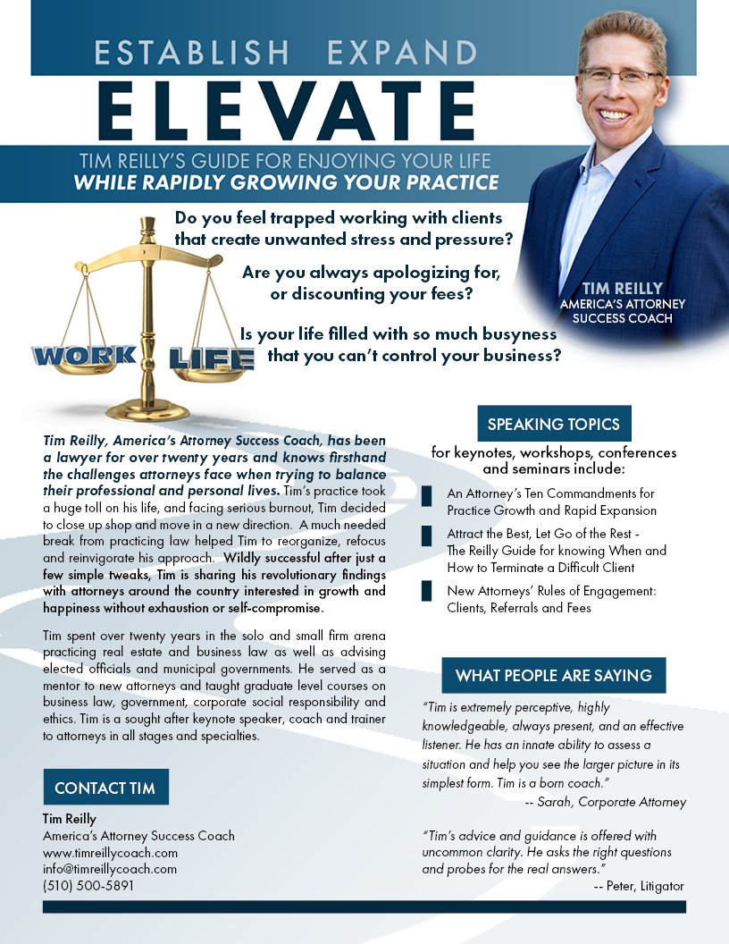 TimReillyCoach's tweet photo. Speaking to the Stanislaus County Bar Assoc. this Friday on "An Attorney's Ten Commandments for Practice Growth and Rapid Expansion." There's no reason why lawyers can't make more, work less and actually enjoy the practice of law. 
#attorneysuccess #makemoreworkless #perspective https://t.co/rPguUtMyrJ
