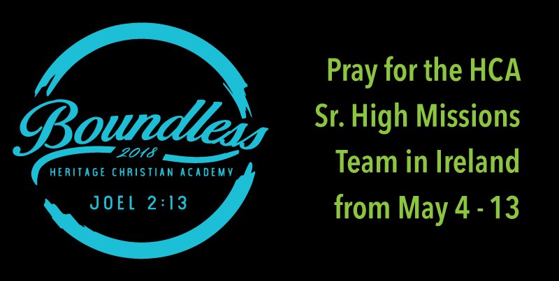 HCA_Calgary's tweet photo. Join us for the Sr High Missions Team Commissioning during one of the HCA chapels on Thursday morning, April 26 at 8:45 (Gr.4-6); at 9:30 (K-Gr.3); at 10:30 (Gr. 7-9); and at 11:45 (Gr. 10-12). #HCA_Missions #Boundless2018 https://t.co/iJ1chggSfg