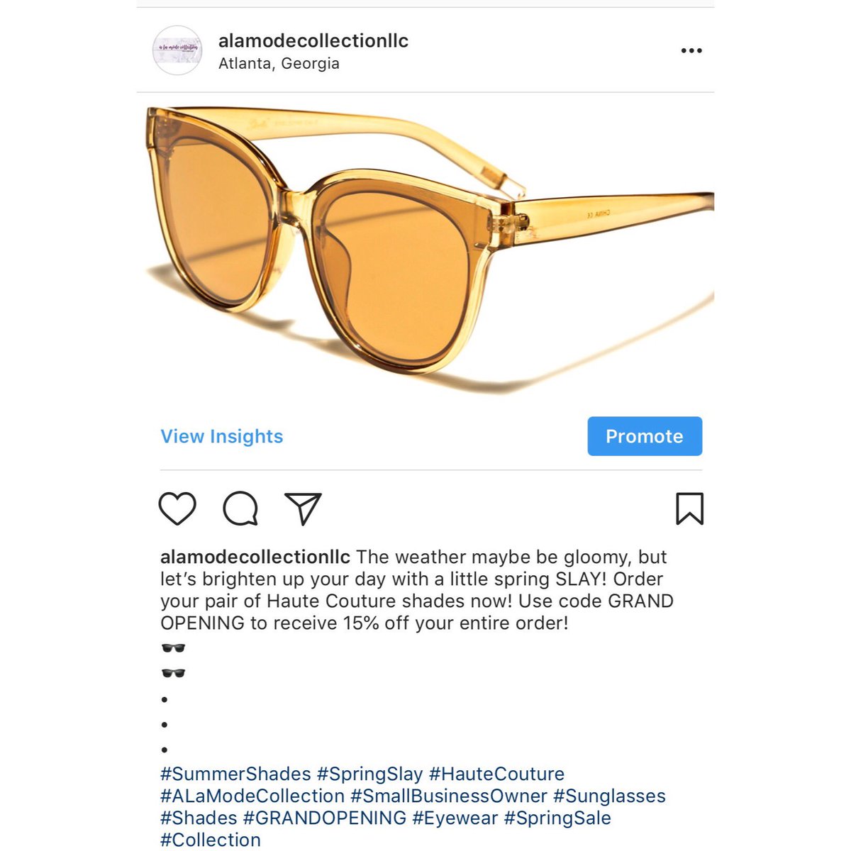 theGEGEeffect's tweet photo. The weather maybe be gloomy, but letβs brighten up your day with a little spring SLAY! Order your pair of Haute Couture shades now! Use code GRAND OPENING to receive 15% off your entire order!
πΆ
#SummerShades #SpringSlay #HauteCouture #ALaModeCollection #Sunglasses #Shades https://t.co/HMXQi2kUJL