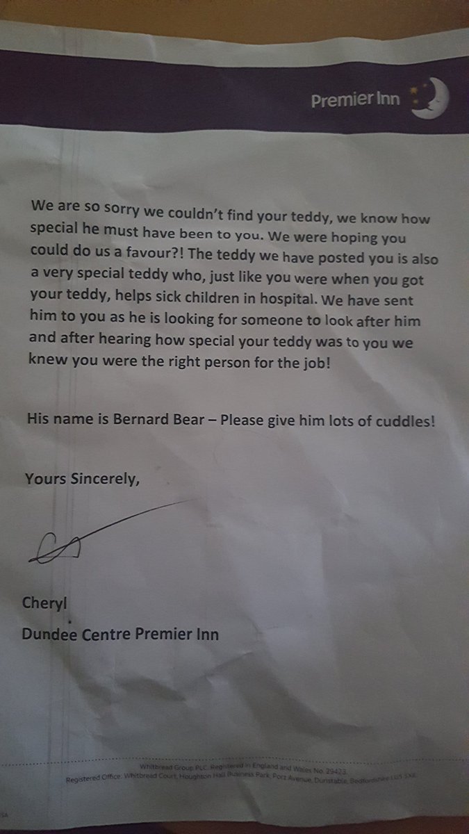 MrsStocks2016's tweet photo. @PiDundee @premierinn Thank you so much to Cheryl and the team at PI Dundee Central. This and a teddy arrived this week after my son lost his favourite teddy. Outstanding customer service #aboveandbeyond #happyboy https://t.co/Y7Up6WDa5d