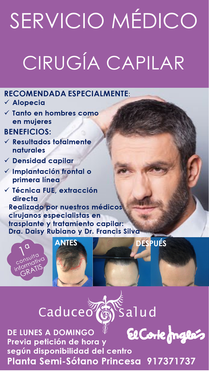 caduceosalud's tweet photo. La #perdidadepelo un problema estético en hombres y mujeres #CaduceoSalud te ayuda con la #tecnicaFUE la implantación en la zona frontal con resultados naturales y densidad capilar. Es el momento de #rejuvenecer de nuevo en nuestro centro de #ElCorteInglés de #Princesa 917371737 https://t.co/N4KxrzSEyL