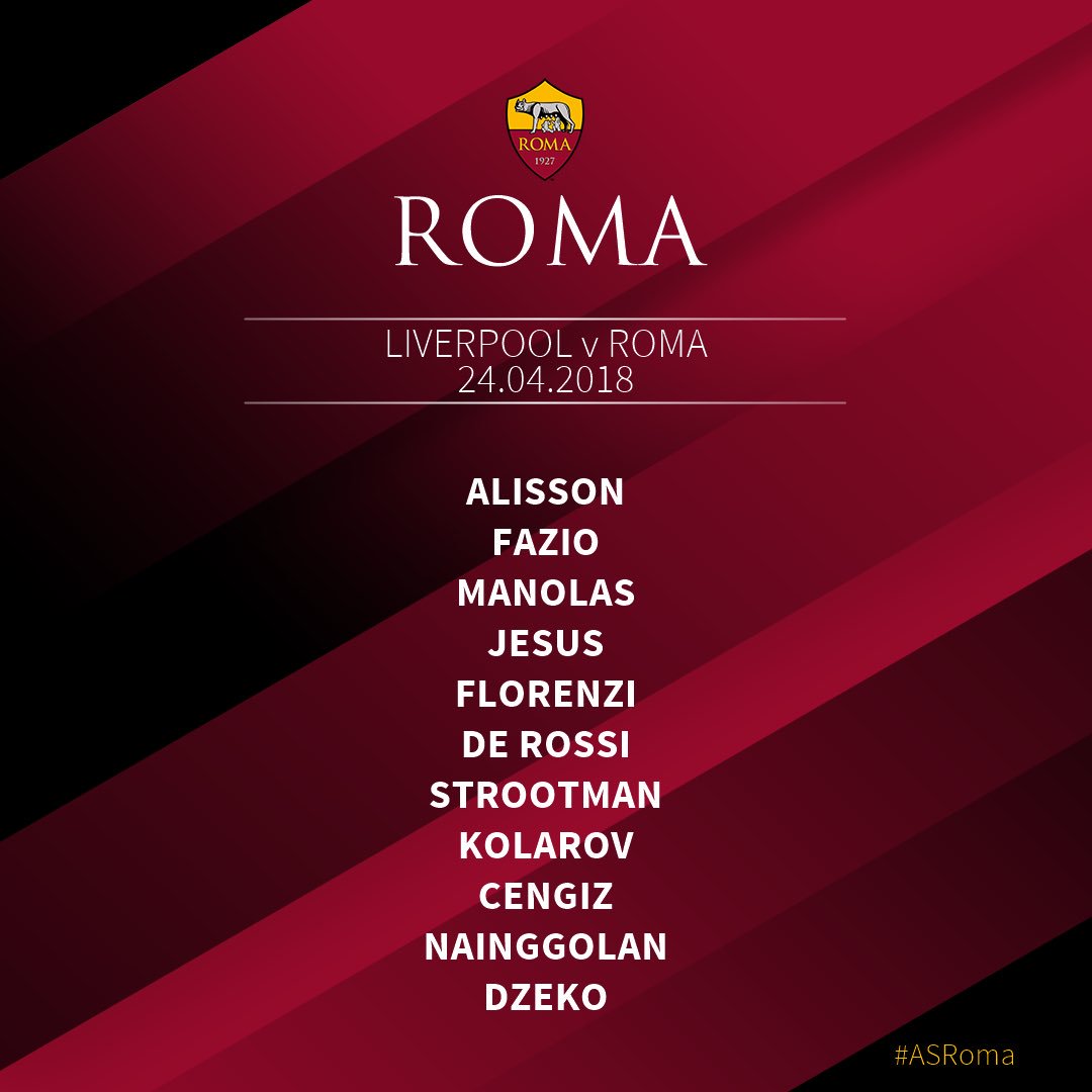 TEAM NEWS | 📋 | Here it is, our starting line-up for tonight’s <a href="/ChampionsLeague/">UEFA Champions League</a> semi-final clash against <a href="/LFC/">Liverpool FC</a>! DAJE! 🐺
 
#ASRoma #UCL #LFCRoma