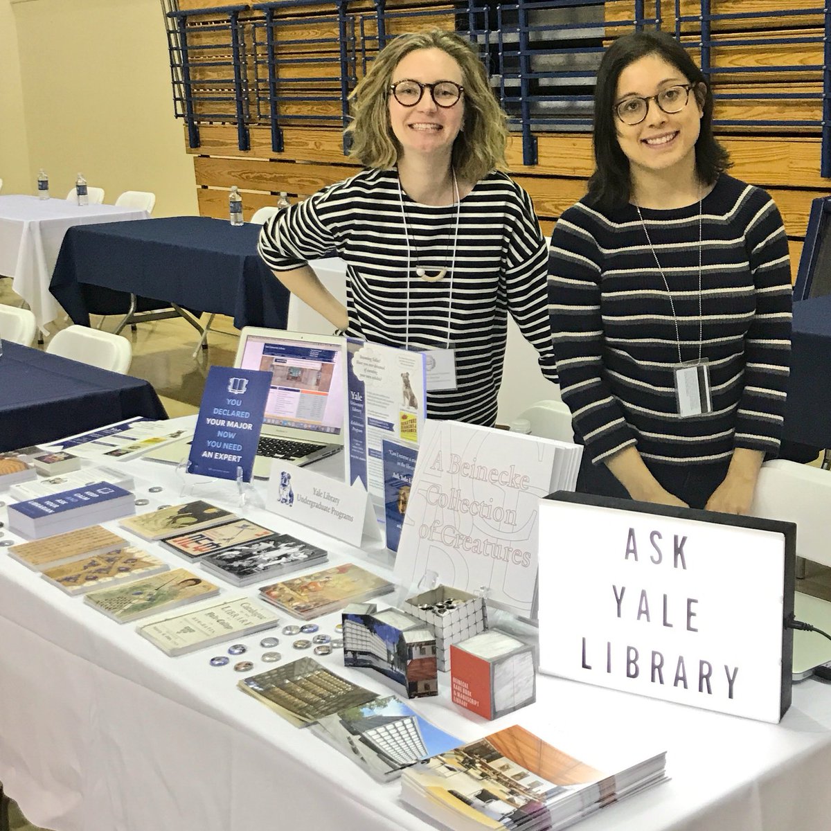 BassLibrary's tweet photo. Yale Library is out at the #bdd2018 Academic Fair! We have library buttons, coloring books, puzzles, trading cards, stickers, and more (and our librarians matched for the occasion!)
Welcome to Yale, come say hello! @ PWG from 1:30-3:30 PM https://t.co/jSVfphdjIy