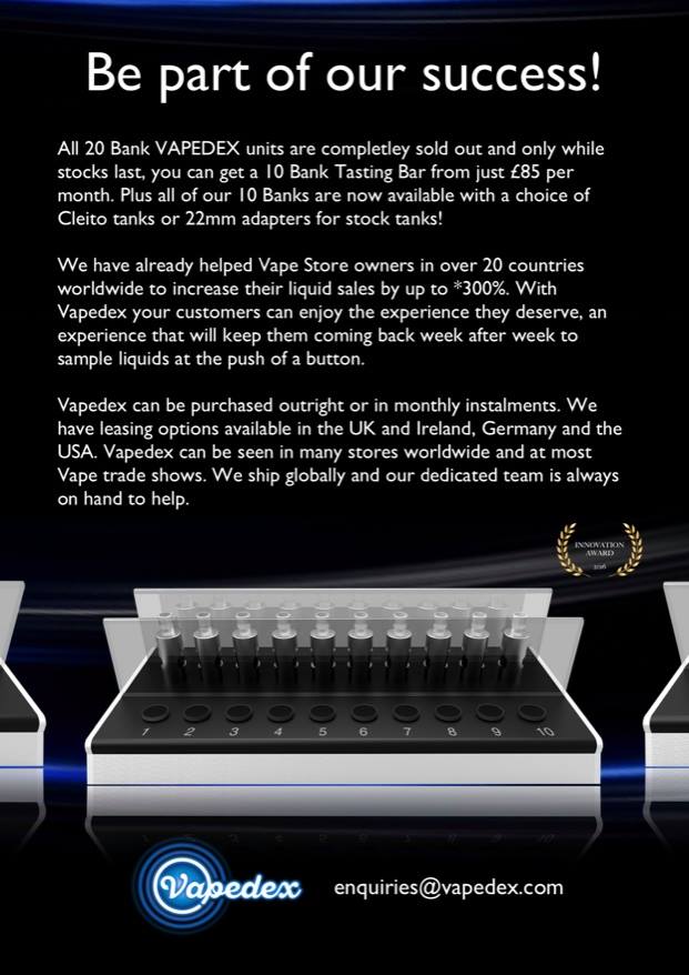 VAPEDEX's tweet photo. Get yours while they're still here! Vapedex 10 Bank - ideal for promoting new liquids and clear-out liquids. Awesome flavour and now available with tank adapters. please email enquiries@vapedex.com for more.
#Vapedex #eliquidsampling #eliquidbar https://t.co/oQ4zUYHgUn