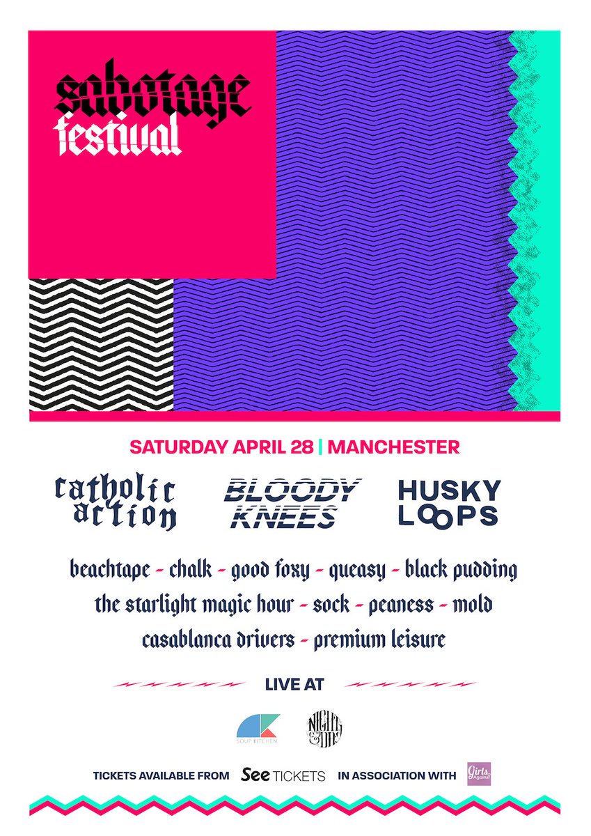 nightanddaycafe's tweet photo. SATURDAY // @sabotagemcr FESTIVAL // NIGHT AND DAY STAGE 

TIMINGS:

DOORS: 17:00 // CHALK: 17:15 - 17:45 // SOCK: 18:00 - 18:30 // MOLD: 18:45 - 19:15 // PEANESS: 19:30 - 20:00 // CASABLANCA DRIVERS: 20:15 - 20:45 // BEACHTAPE: 21:05 - 21:50 // CATHOLIC ACTION: 22:00 - 22:45 https://t.co/8hRUc4RgSo