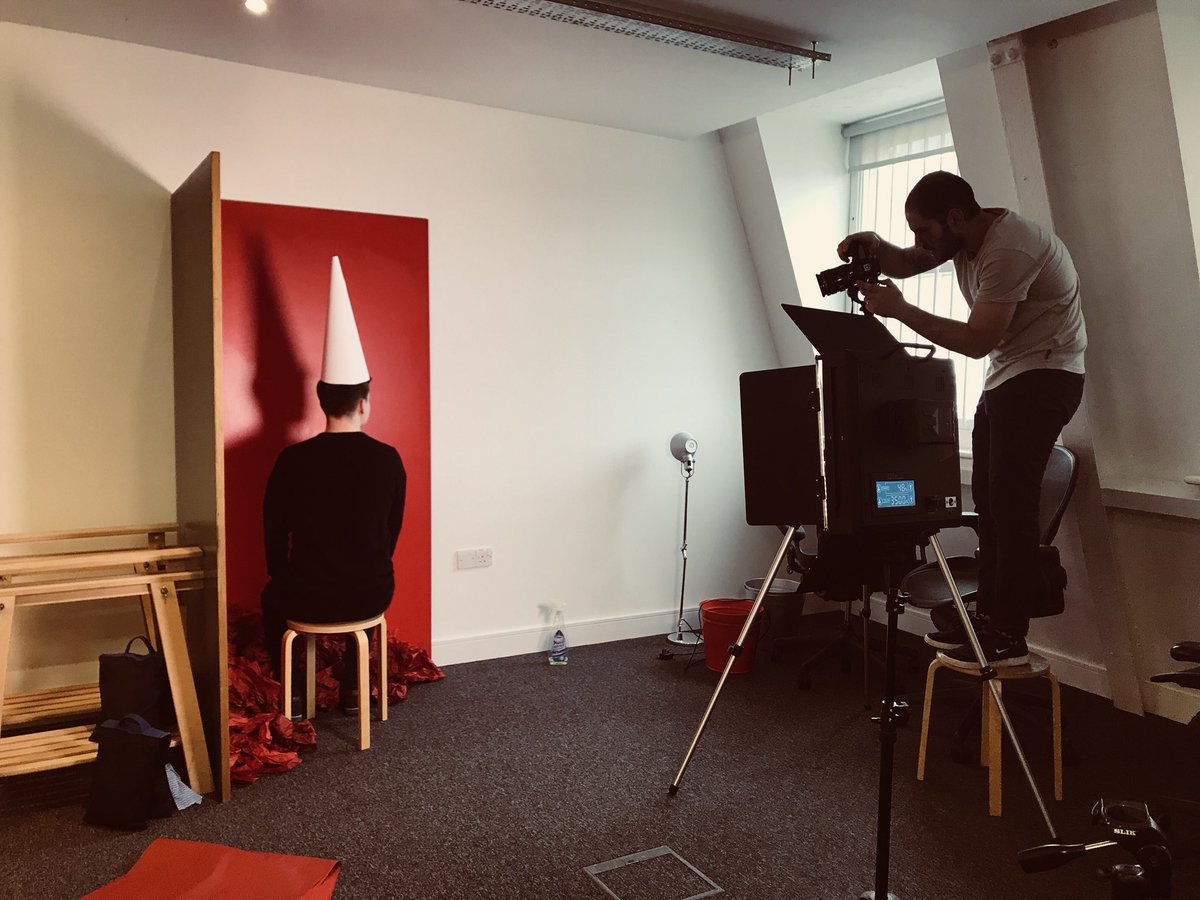 Some pretty strange goings on in the studio today. Creativity blog imminent apparently. <a href="/RichardTPay/">Richard Pay</a> #dunce #notdunce He missed #dandad18 for this!