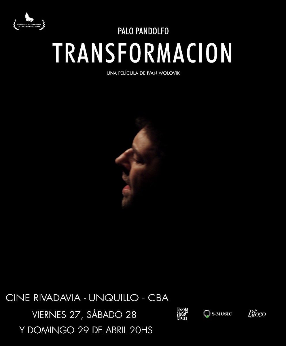 Estrenamos  Transformación <a href="/bocasecafilms/">Transformación</a>,  con <a href="/palopandolfo/">Palo Pandolfo</a> <a href="/SMusicArgentina/">S-MusicArgentina</a> <a href="/IvanWolovik/">ivan wolovik</a> en el espacio INCAA de Unquillo , Córdoba. 
Este 27, 28 y 29 de abril a las 20hs!
Los esperamos!