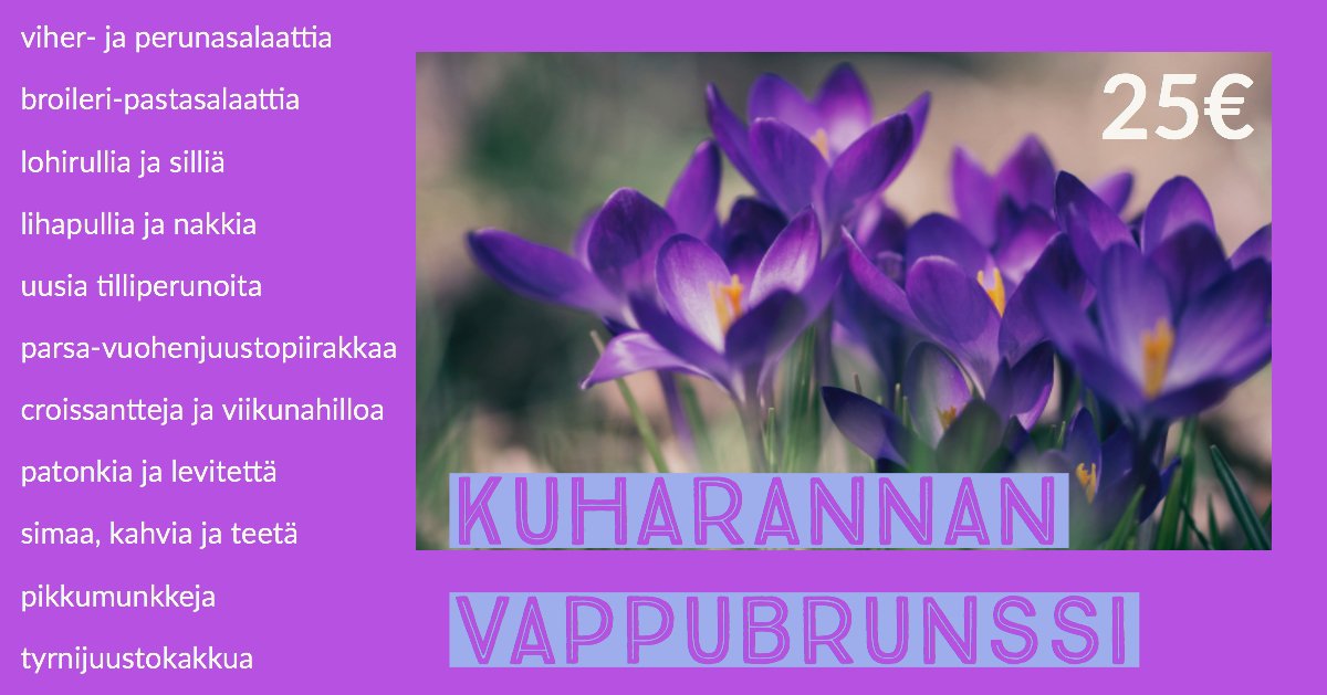 KuortaneG's tweet photo. Tervetuloa #Kuharannan #vappubrunssille 1. toukokuuta klo 10–15. Soita ja varaa pöytä, tulet sitten yksin tai yhdessä, puh. 020 198 3098. Hinta 25 euroa. Virittäydytään yhdessä vapputunnelmaan. #Kuortanegolf #Suomenhyväntuulisin #golfyhteisö https://t.co/LRXzlmrFxe