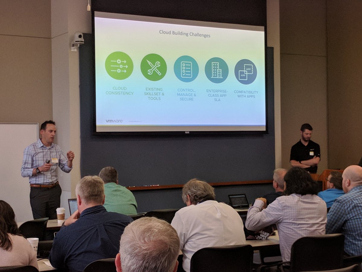 AuburnOIT's tweet photo. We're back from lunch at #AUTechTalks and now we get to hear Michael Merritt &amp; Nate Bryant from @VMware share about workload migration and Zane Everitt from @AuburnU talk about using @Smartsheet https://t.co/hvEFTr4nu4