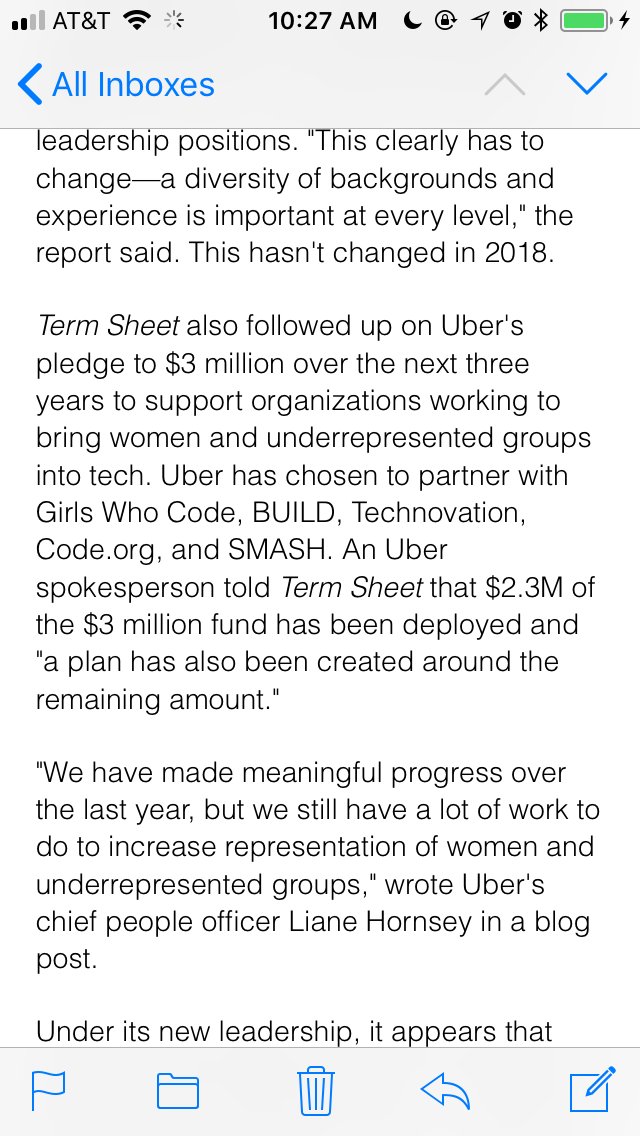 wilsonluciae's tweet photo. In today's newsletter, Fortune Term Sheet author @polina_marinova provides a great recap of @Uber's second annual diversity report released this morning. Despite the little progress, still seems to be quite an "abysmal" environment.  #IS6621 https://t.co/u1KCPSrc8I